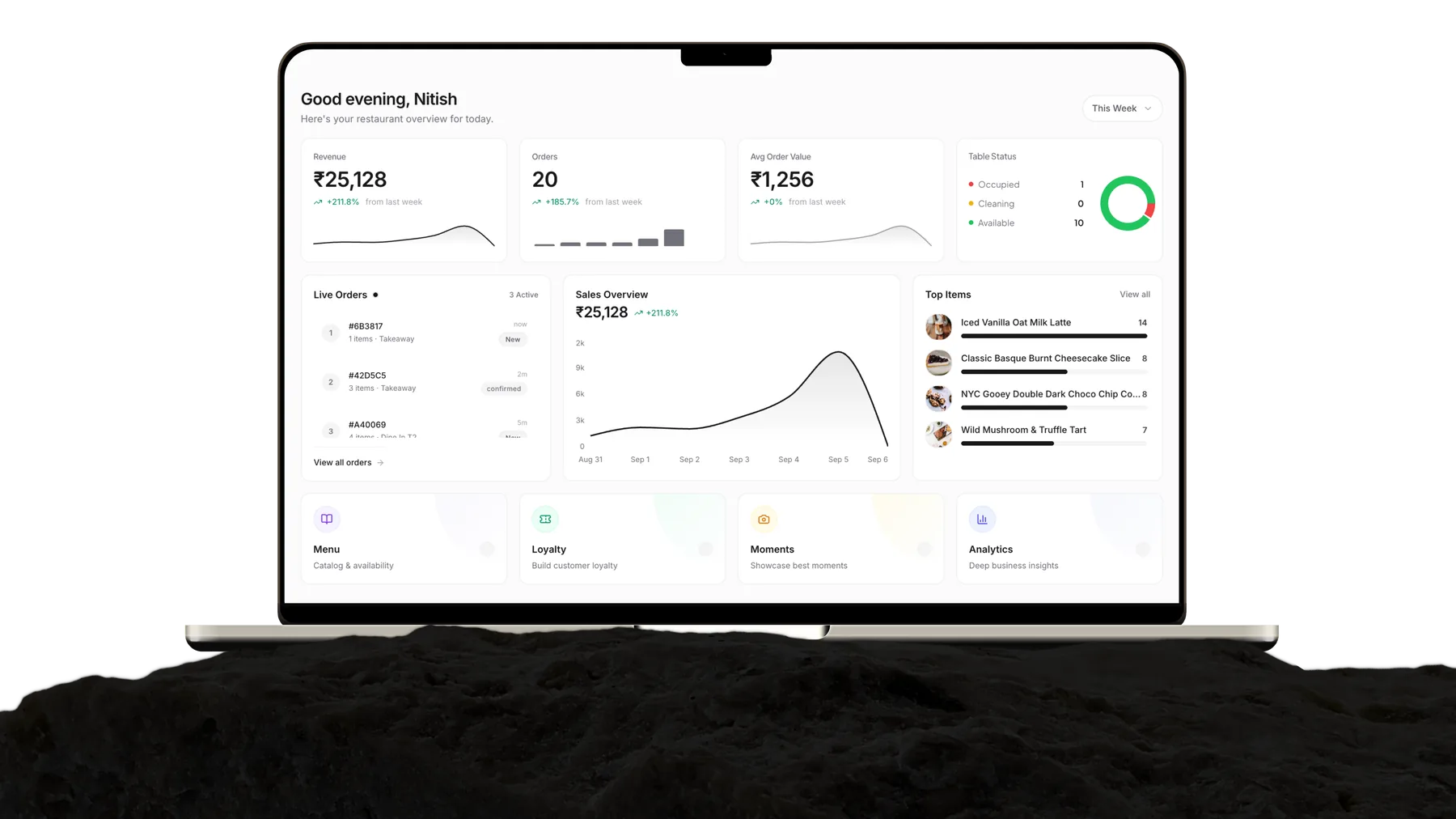 beanthere dashboard mockup — live table orders and POS interface