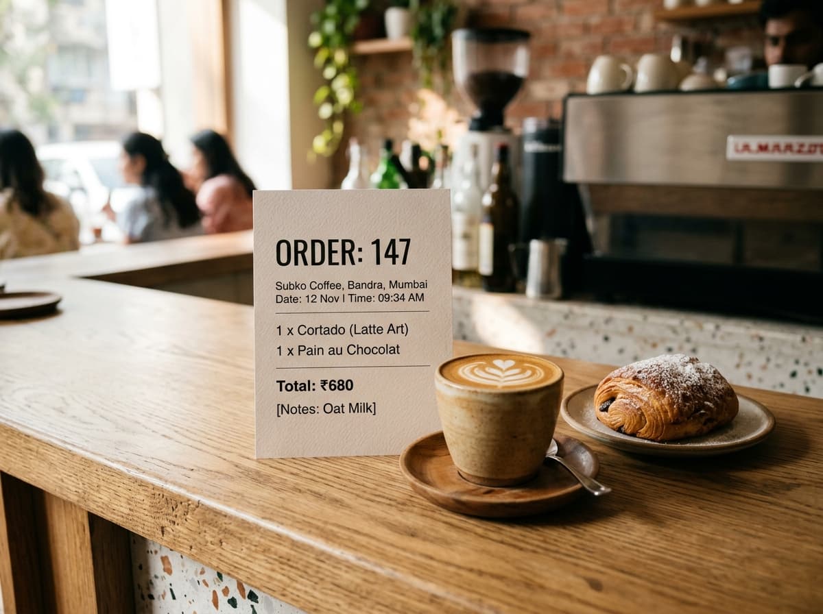 Specialty coffee barista order ticket and cortado on counter